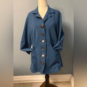 Neon Buddha Blue Trench Coat with Unique Buttons
